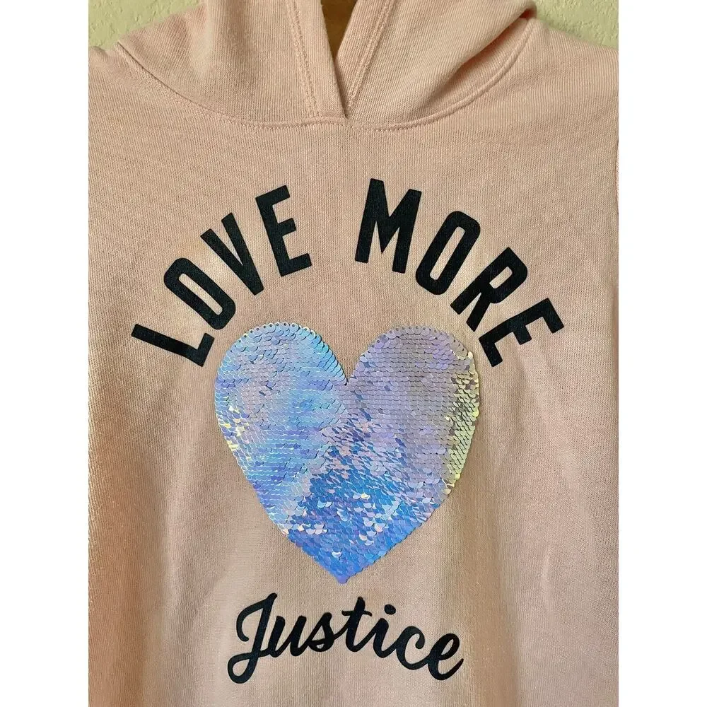 Justice Pink Flip Sequin Heart Love More Justice Girls’ Pullover Hoodie Size 8
